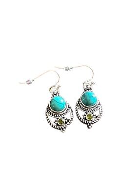 Native American Inspired Turquoise and Silver Mini Geometric Drop Earrings